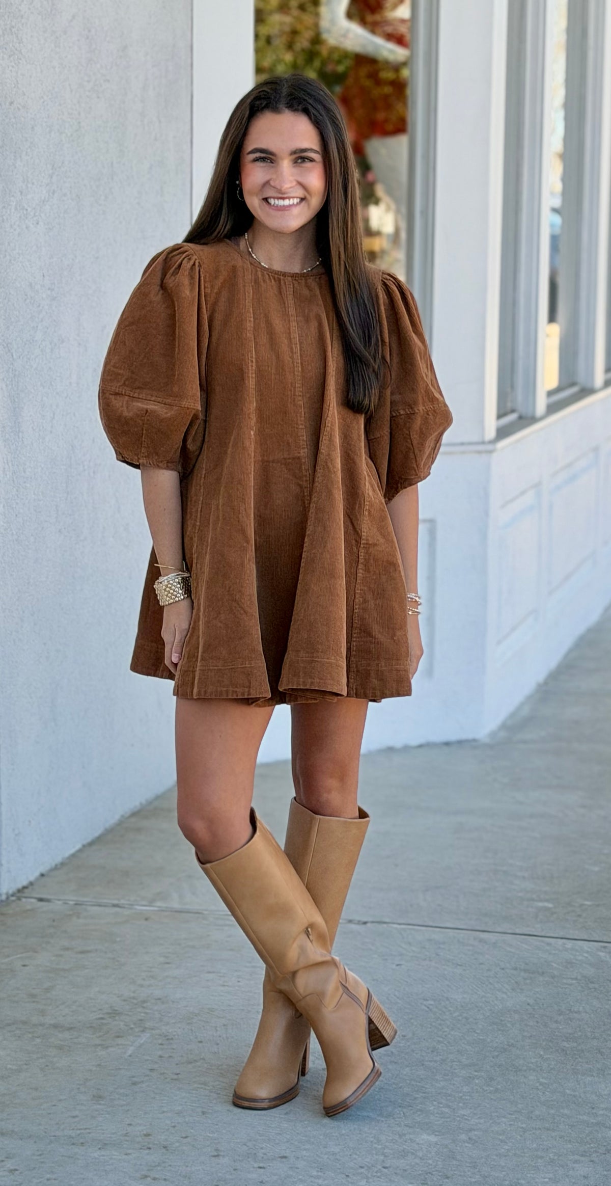 Deep Camel Corduroy Wide Bubble Half Sleeve Dress