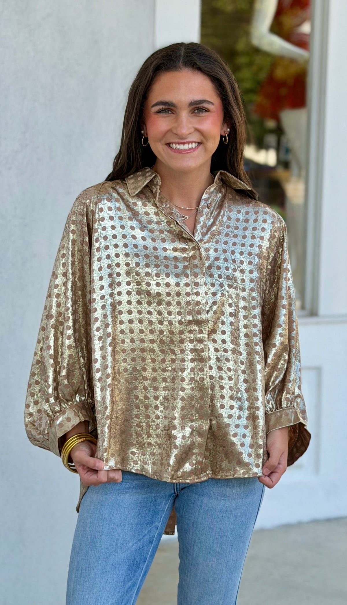 Mocha Polka Dot Button Down Shirt