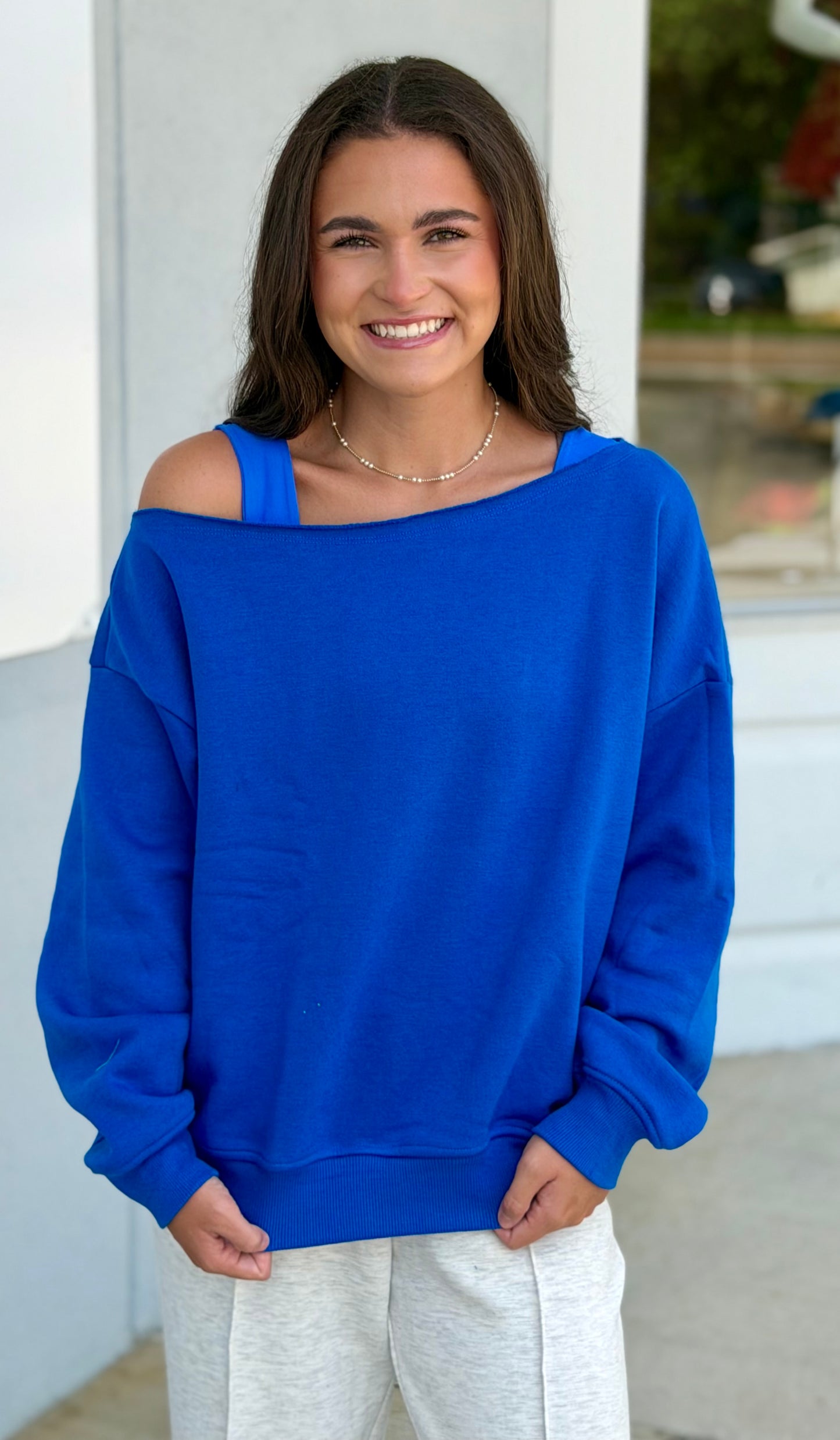 French Terry Fleece Off Shoulder Top, True Blue