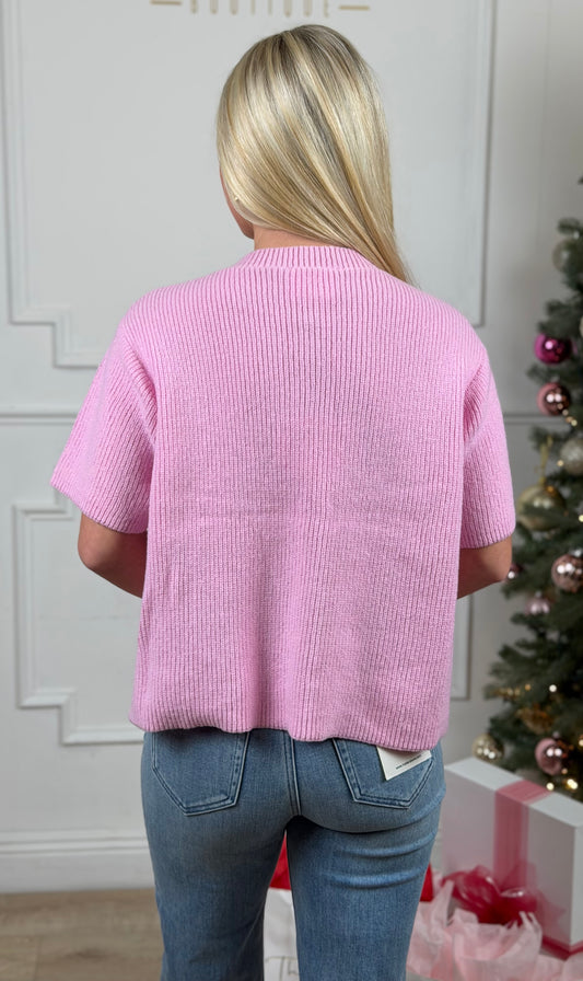 Round Neck Short Sleeve Cardigan , Pink
