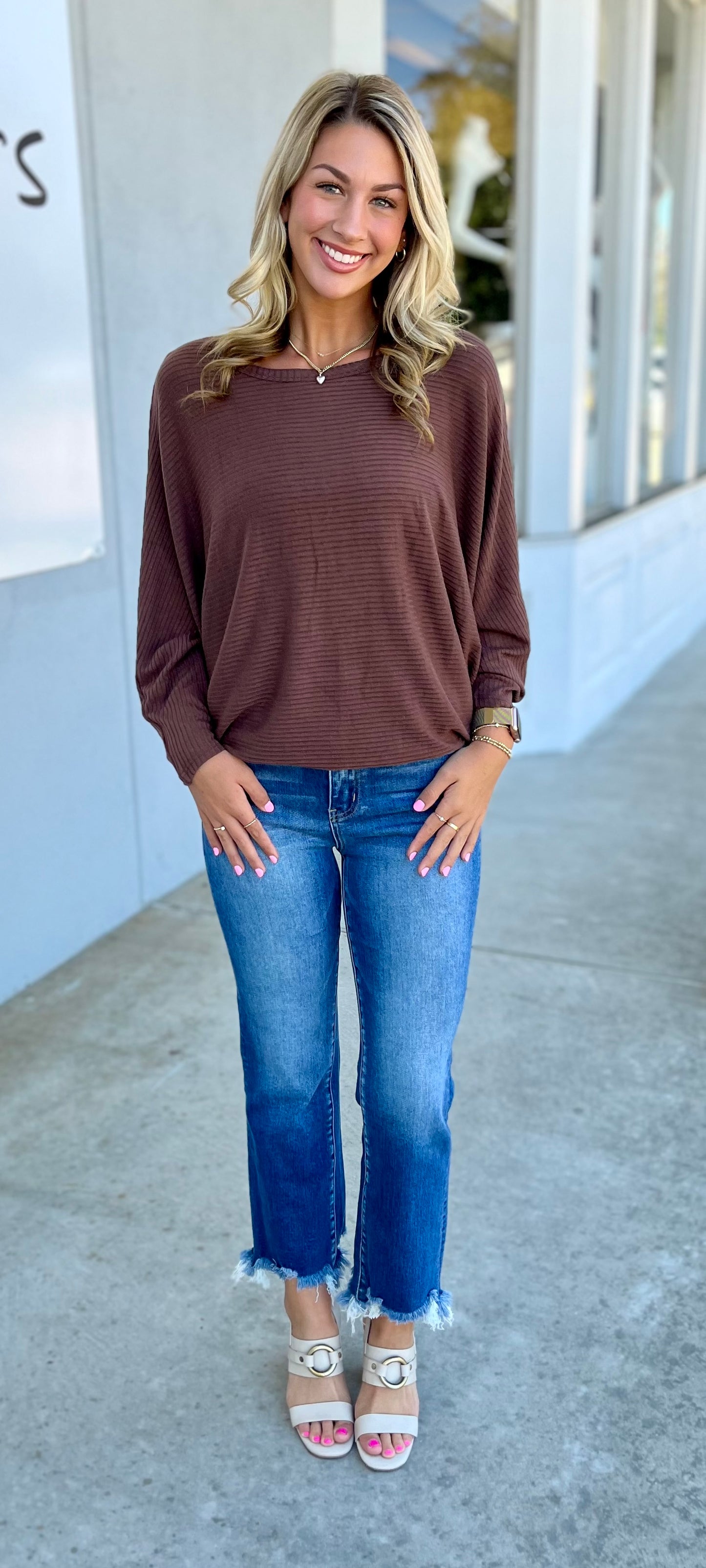 Ribbed Batwing Boat Neck Sweater, Brown