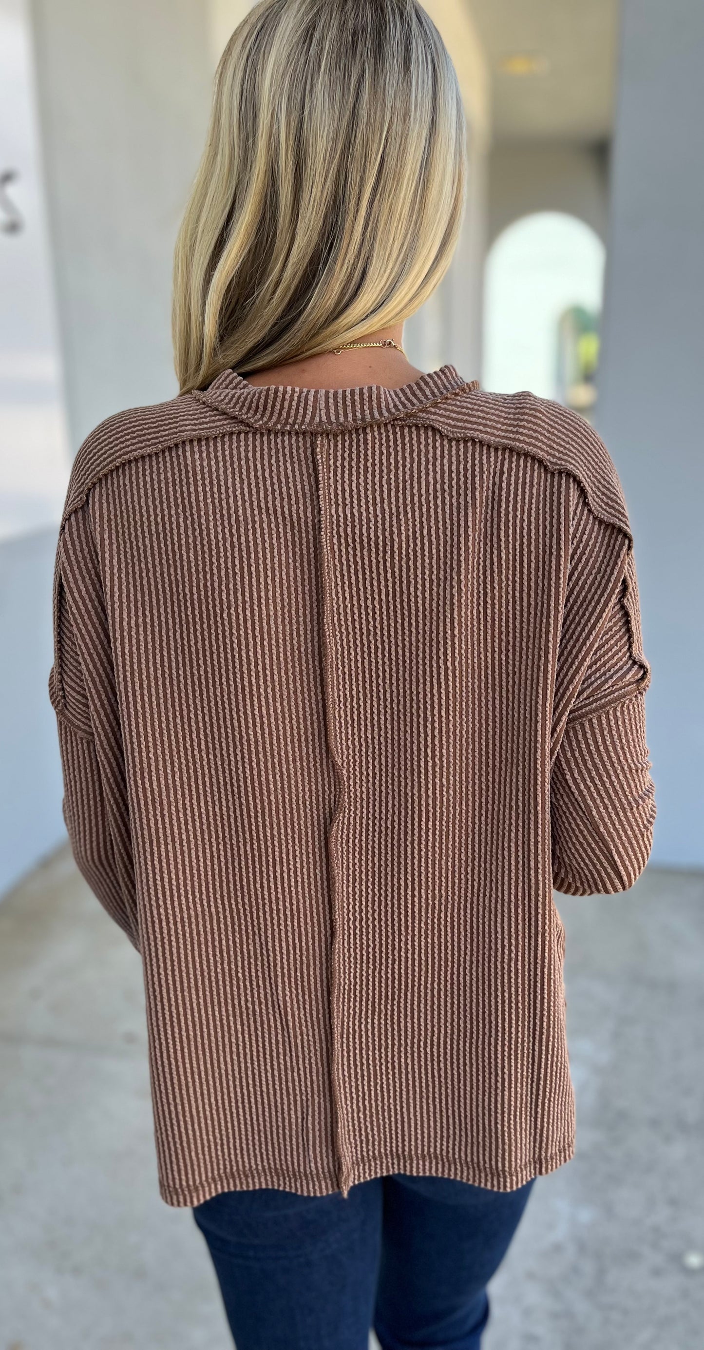 Ribbed Raw Edge Boat Neck Top, Brown