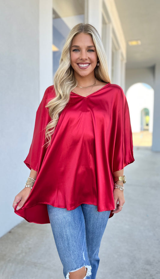 Sadie Chili Pepper V Neck Satin Top