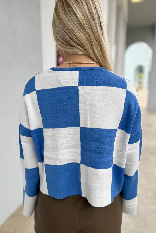 Blue Round Neck Checkered Top