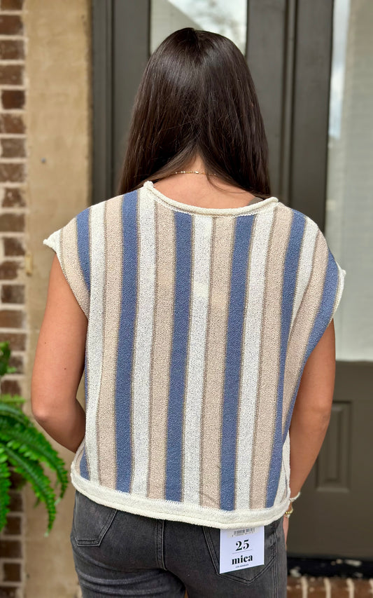 Taupe/Blue Striped Knit Sweater Top