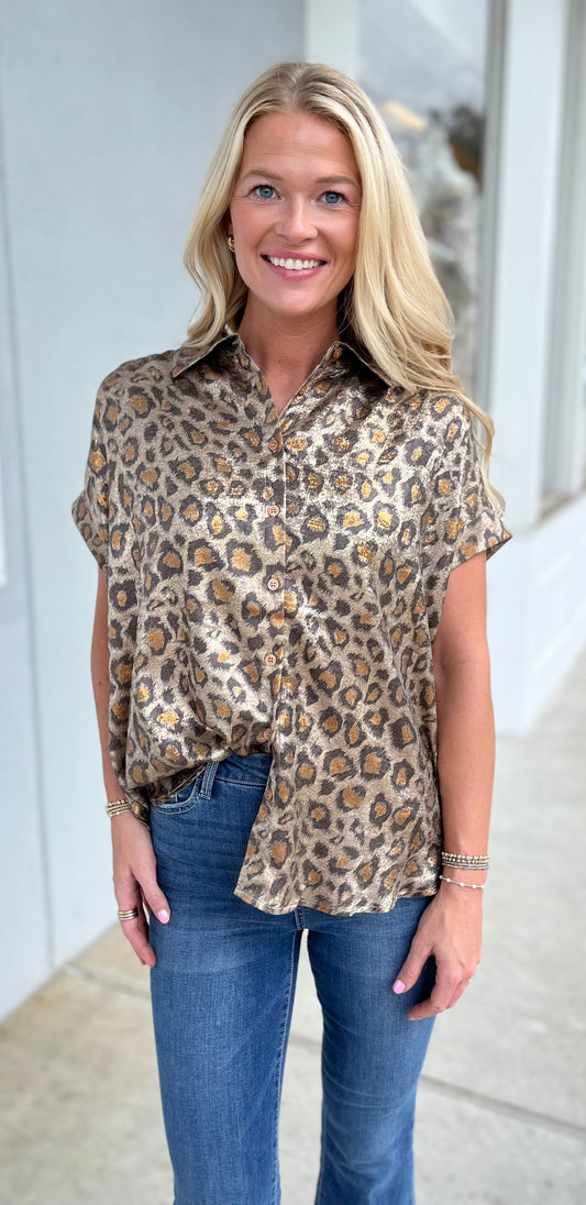Toffee Leopard Button Down Top