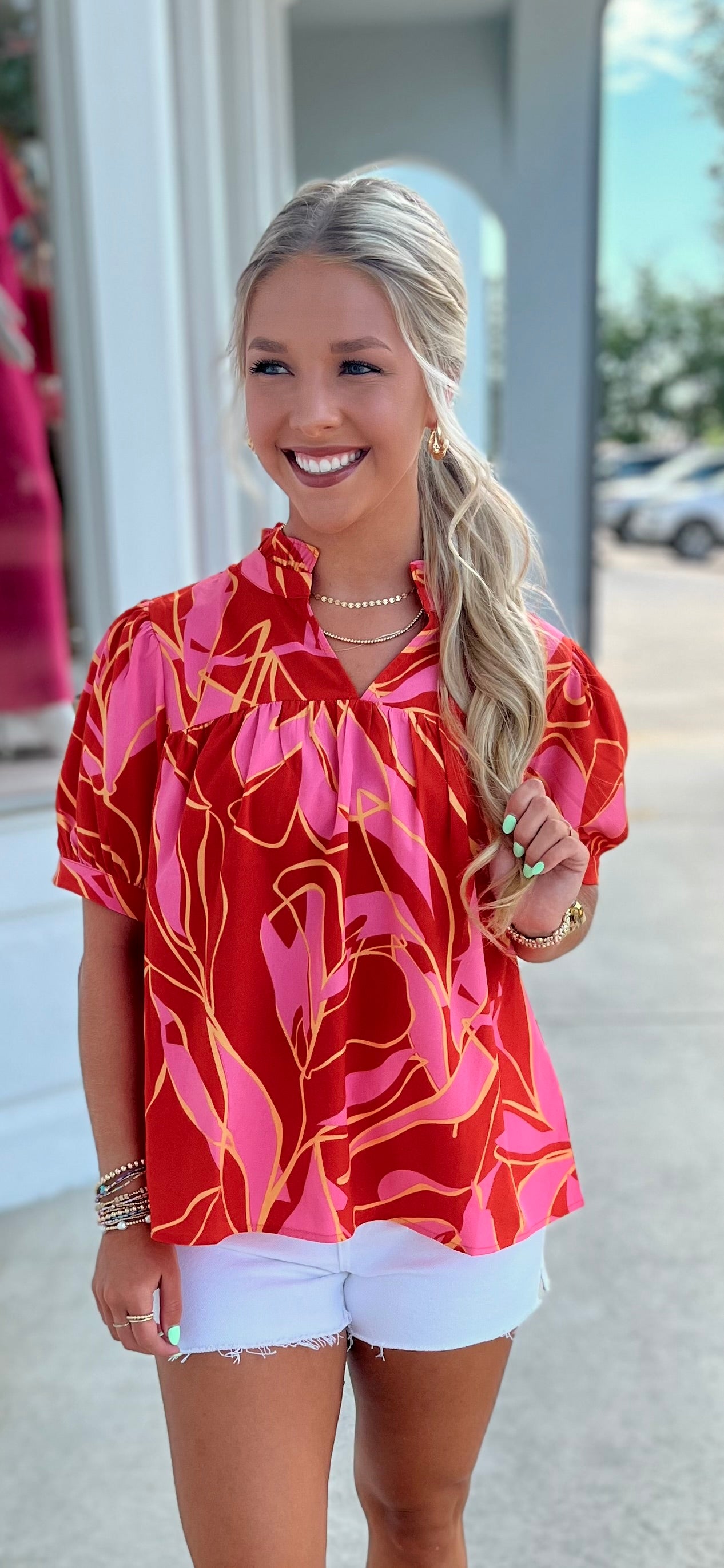 Coral Combo Leaf Print Babydoll Top