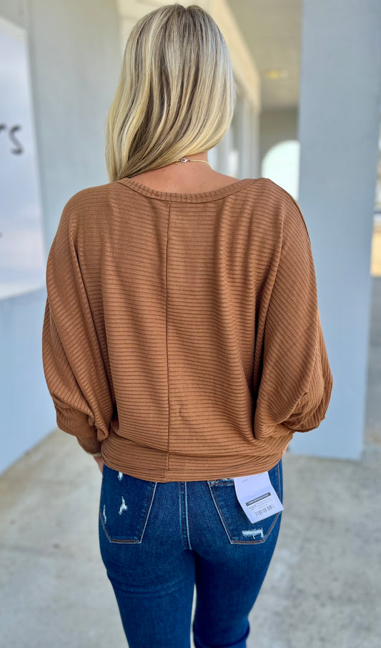 Ribbed Batwing Boat Neck Sweater, Deep Camel