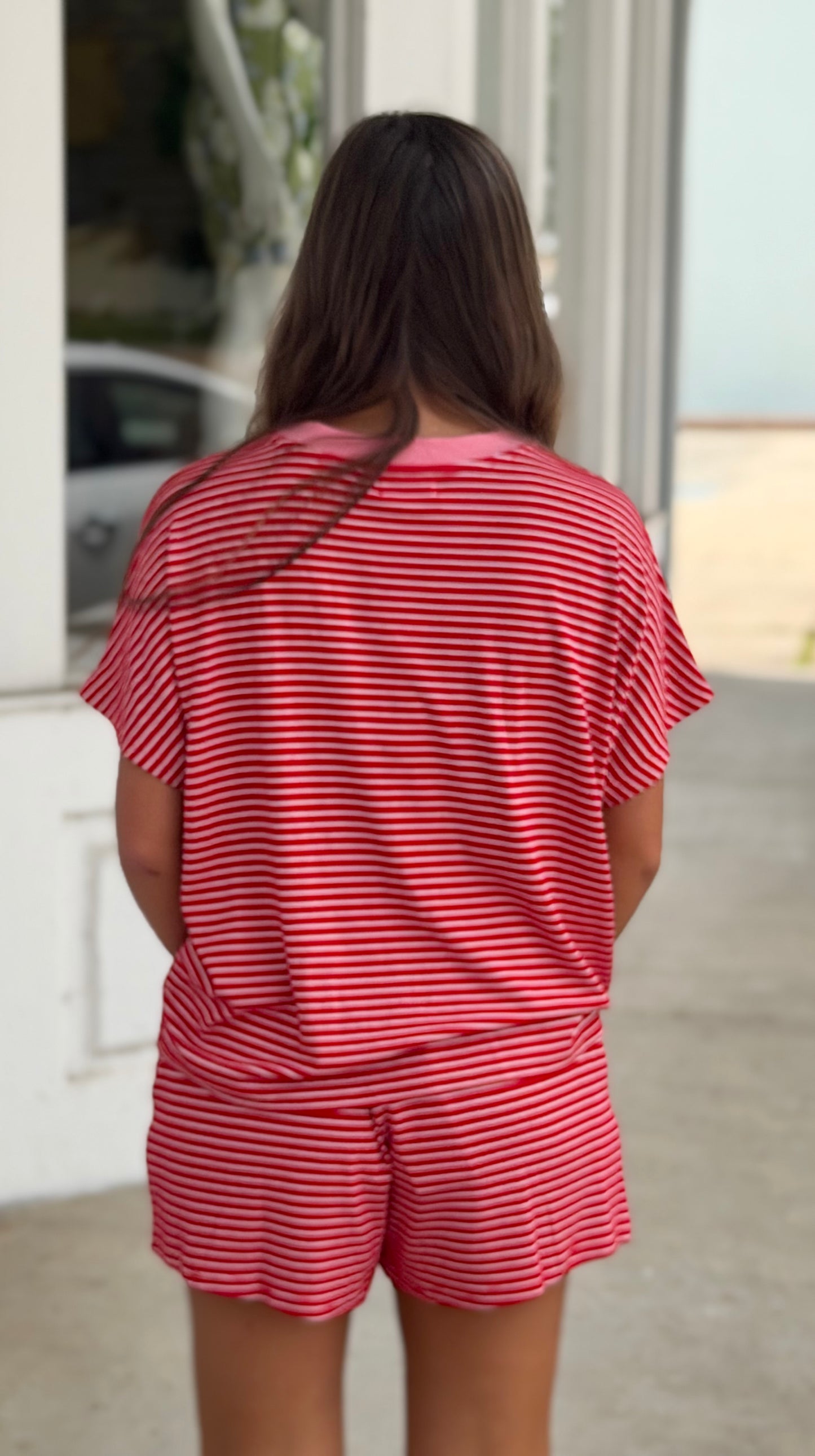 Red/Candy Pink Stripe Knit Top and Shorts SET