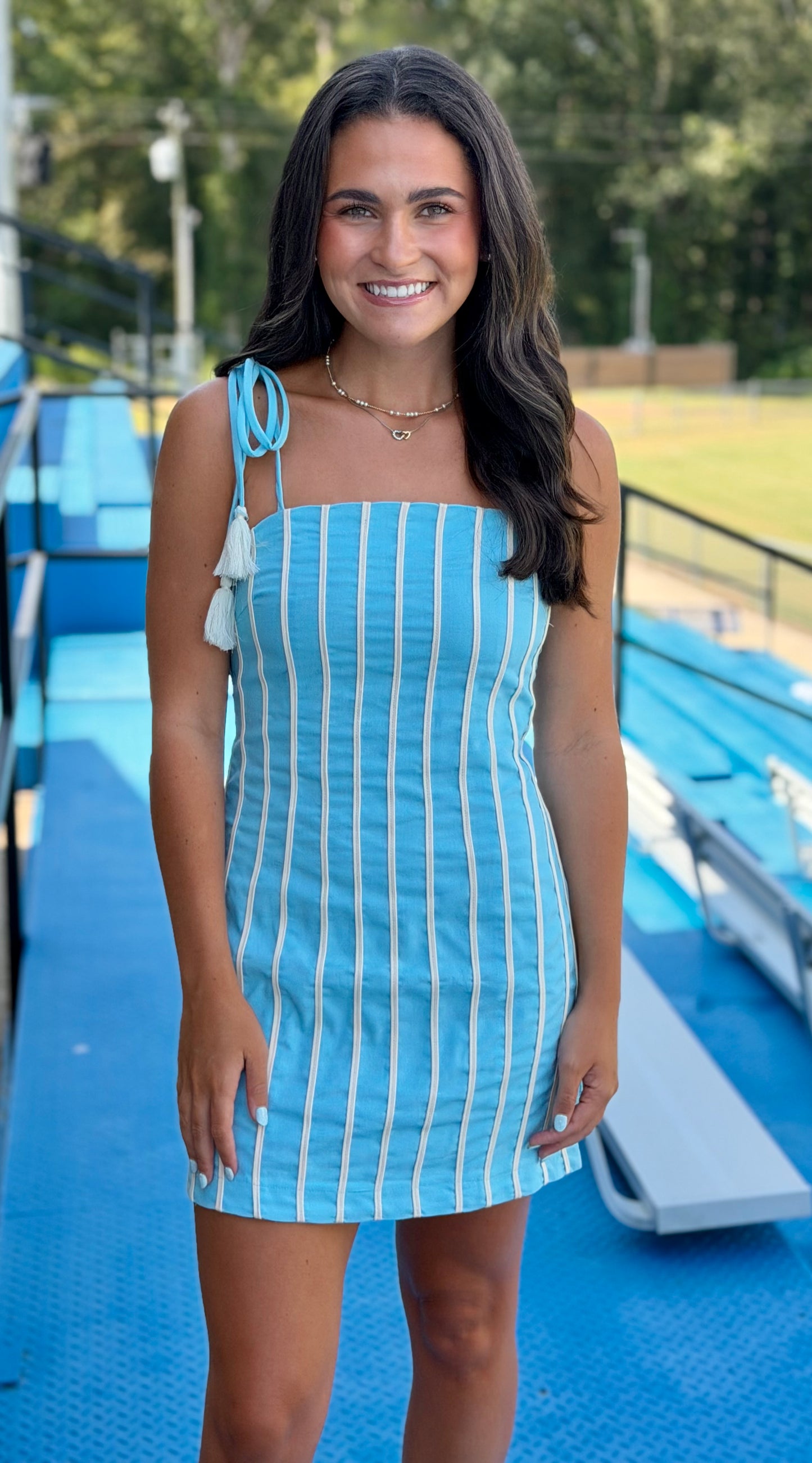 Cord Trim Mini Dress With Tassel Straps, Powder Blue