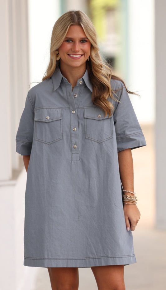 Dusty Blue Shirt Dress With Pockets