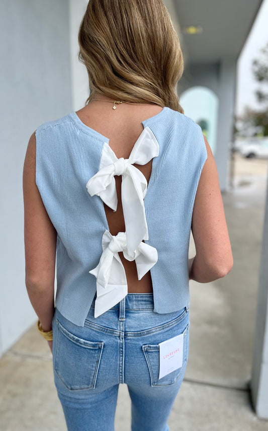 Back Bow Tie Sleeveless Top , Light Blue