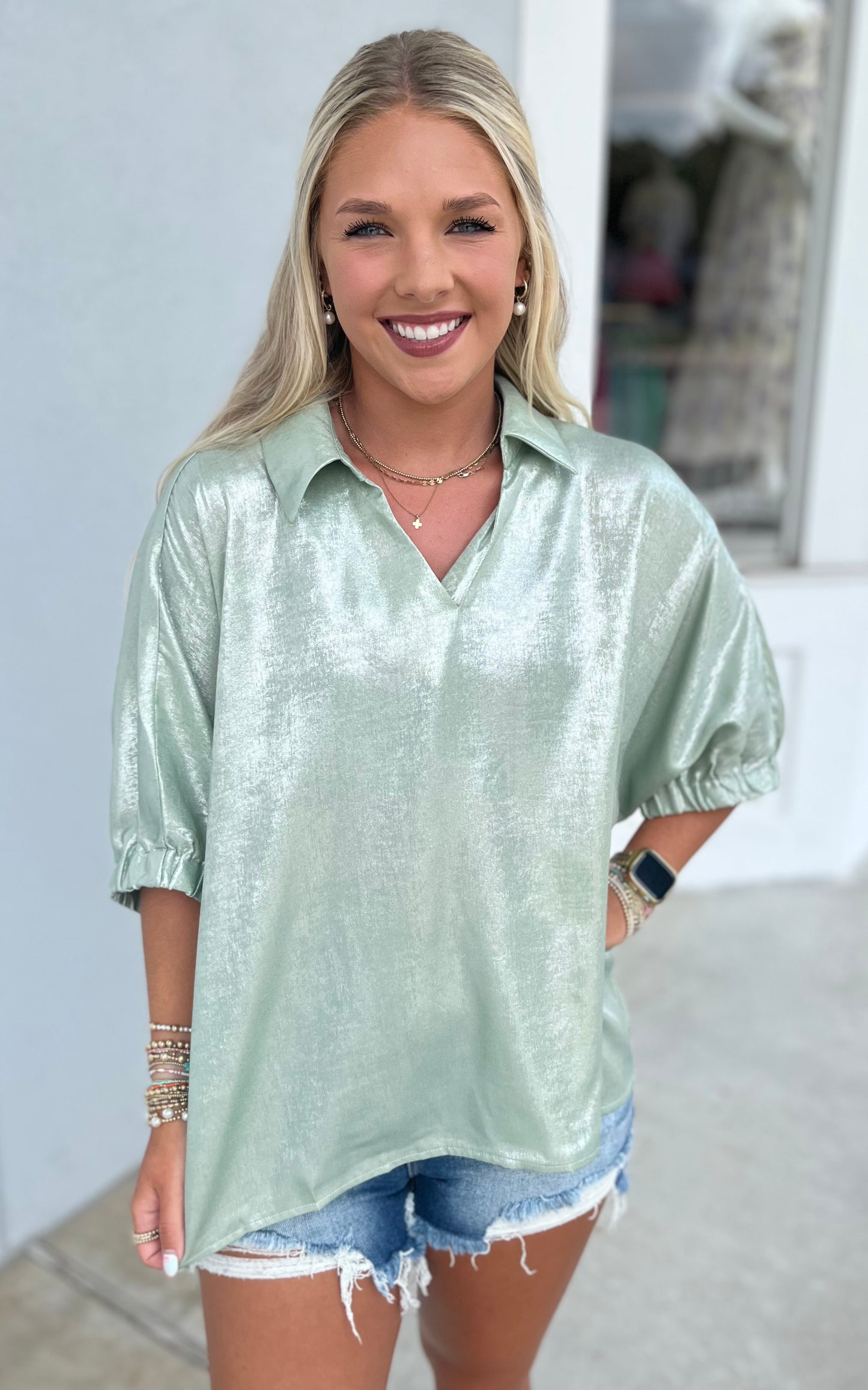 Sage Metallic 1/2 Dolman Sleeve Top
