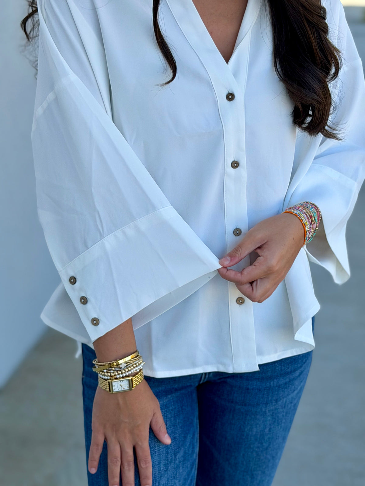 Off White Button Down Pleated Back Blouse