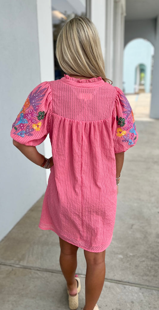 Coral Pink Embroidery Sleeve Dress