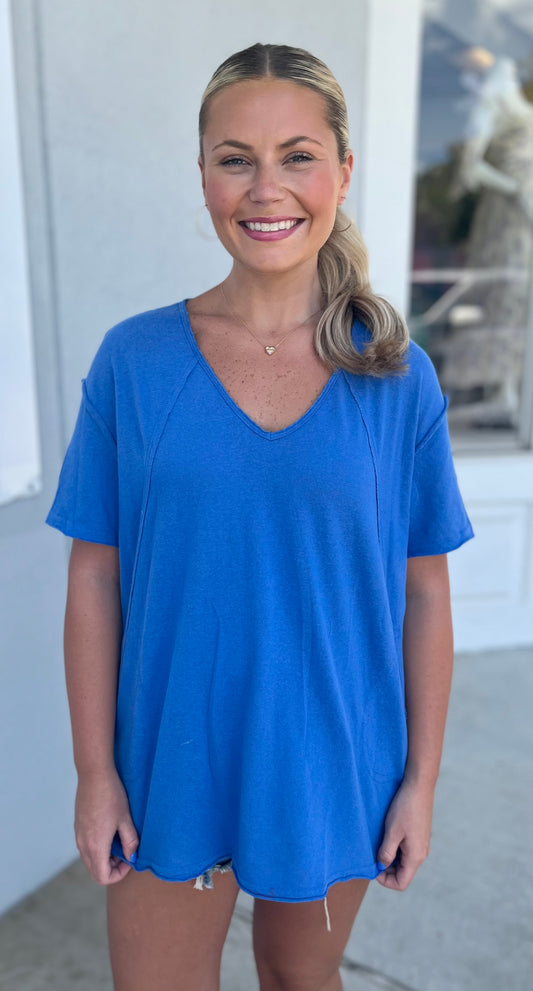 V Neck Pocket Top, Cobalt