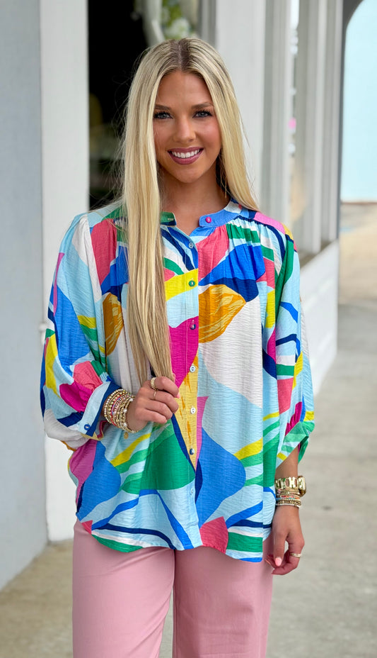 Bright Abstract Button Down Blouse