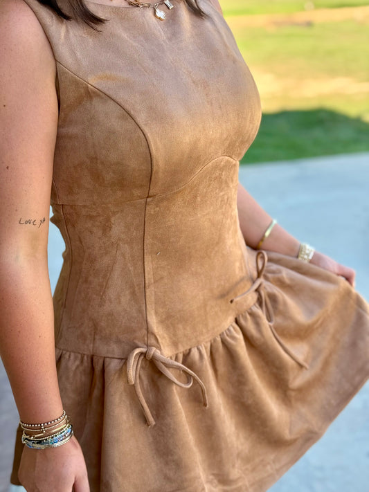 Camel Suede Ruffle Drop Dress