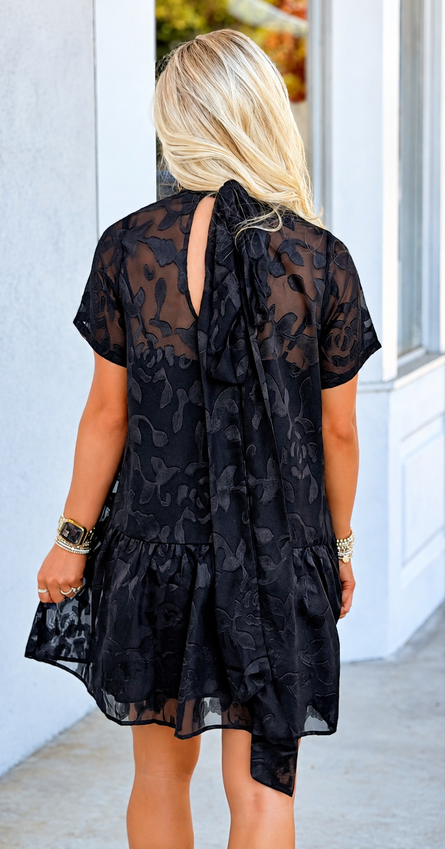 Black Floral Jacquard Tie Neck Mini Dress