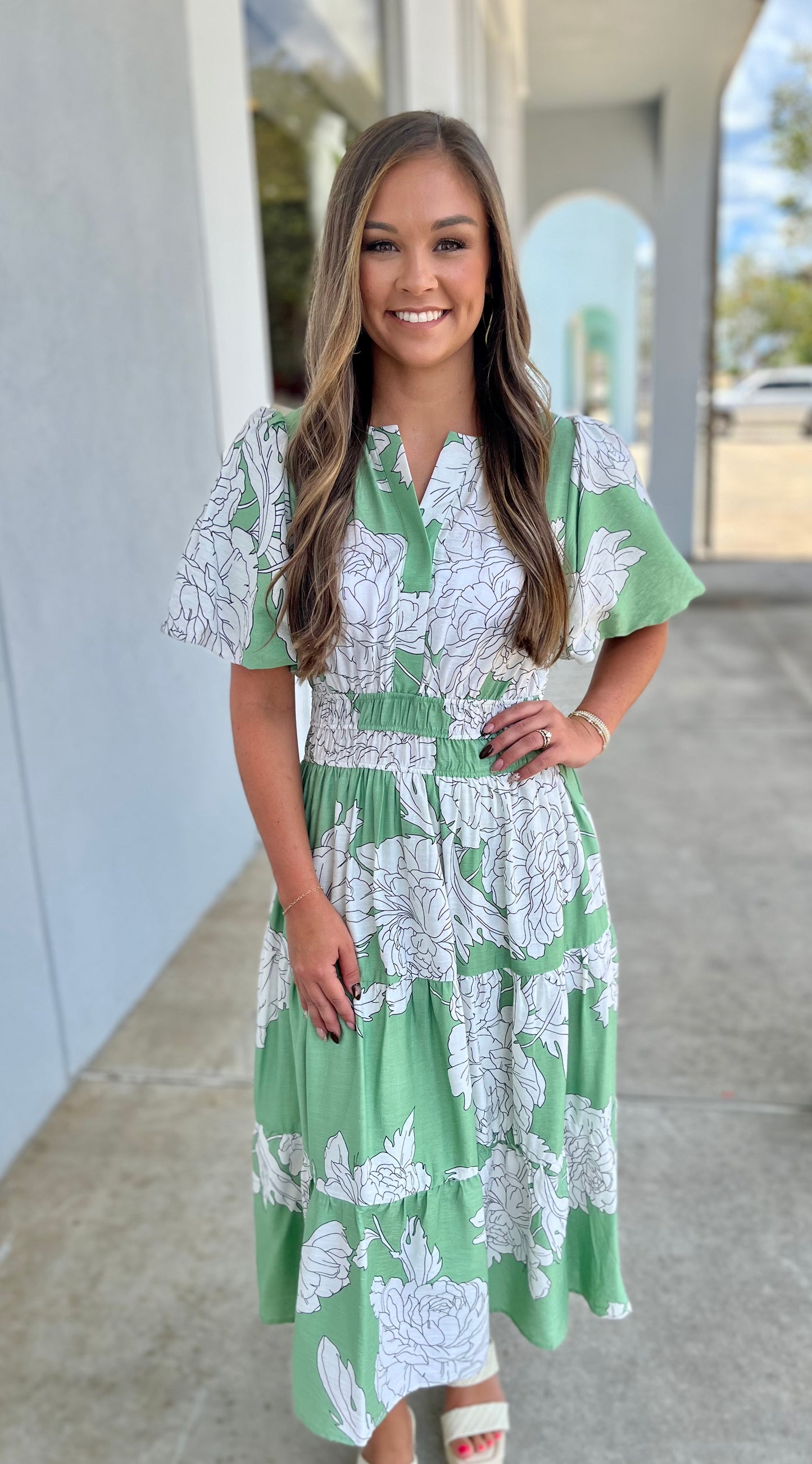 Sage Short Bubble Sleeve V Neck Tiered Midi Dress