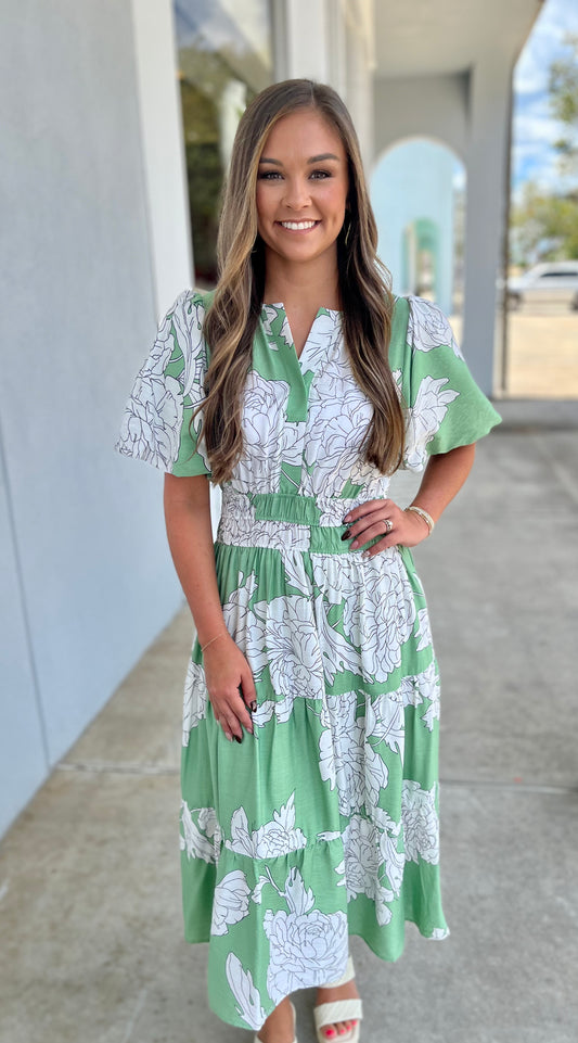 Sage Short Bubble Sleeve V Neck Tiered Midi Dress