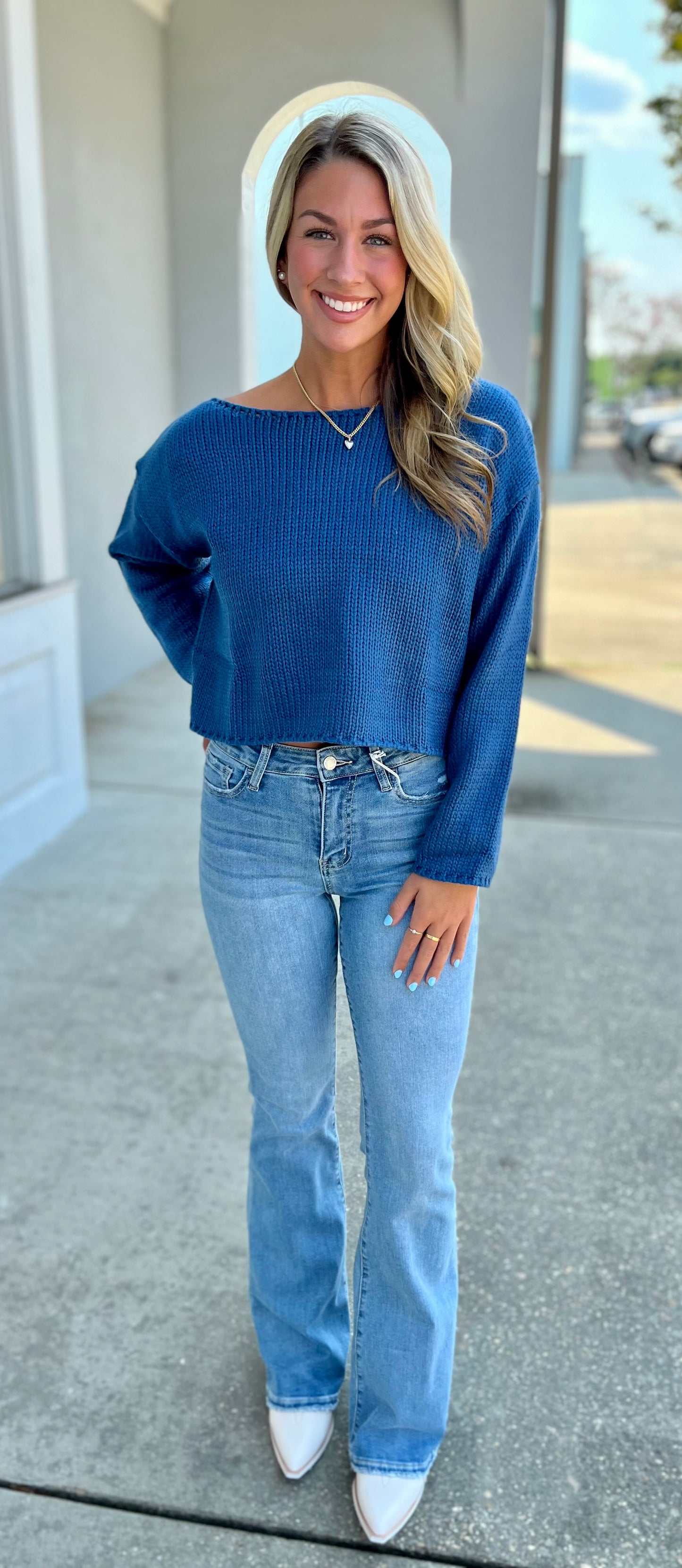 Teal Blue Boat Neck Box Sweater