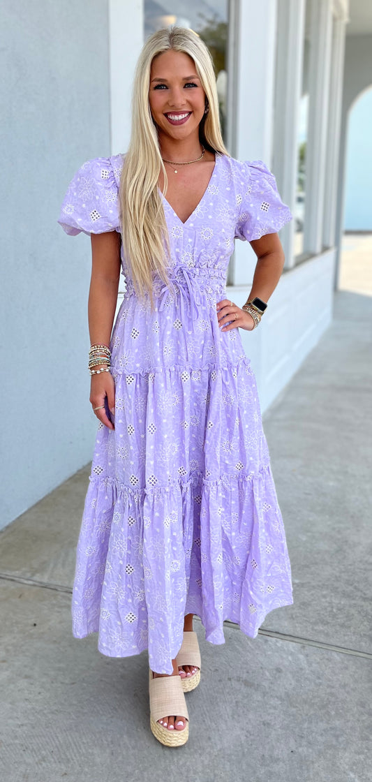 Lavender Eyelet Lace Puff Sleeve Midi Dress