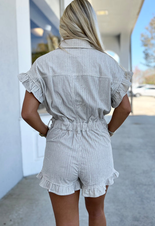 Ivory Gingham Corduroy Button Down Ruffle Romper