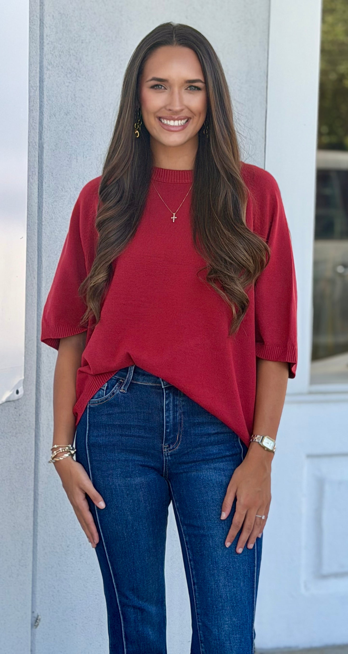 Wide Sleeve Hi Low Crew Neck Sweater, Teaberry