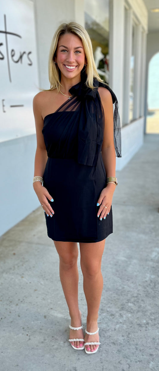 One Shoulder Chiffon Bow Dress , Black
