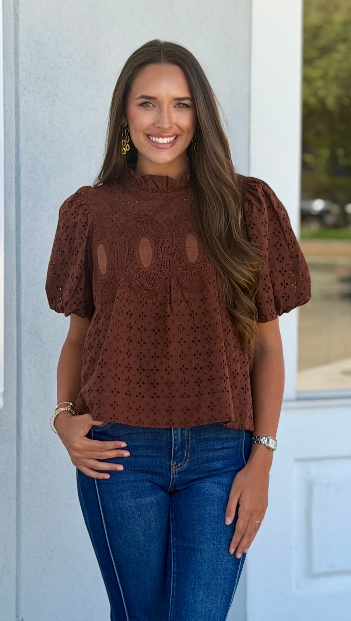 Brown Eyelet Lace Top