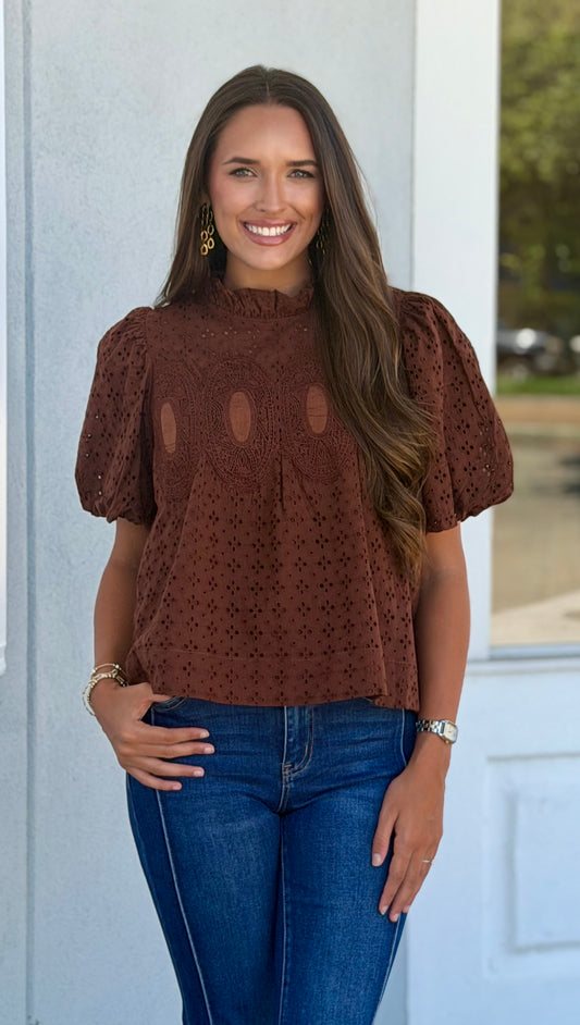 Brown Eyelet Lace Top