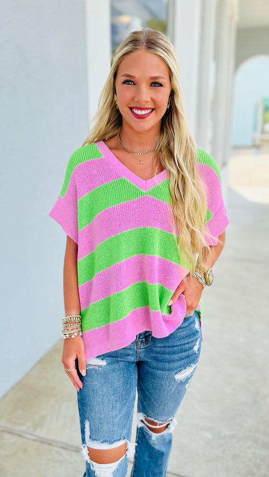 Pink/Green Striped V Neck Sweater