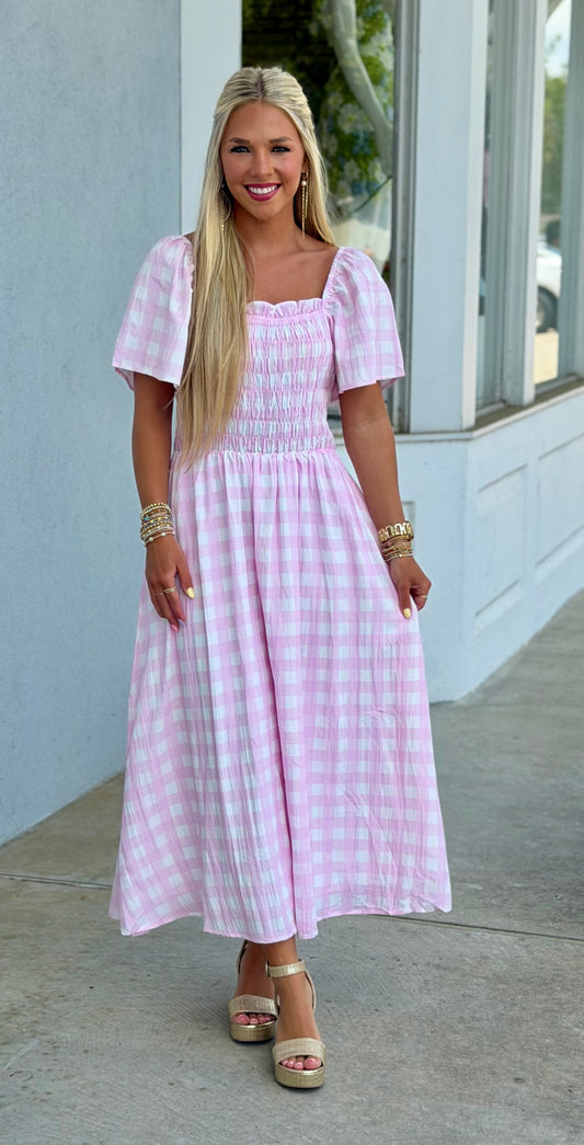Pink Gingham Puff Sleeve Midi Dress