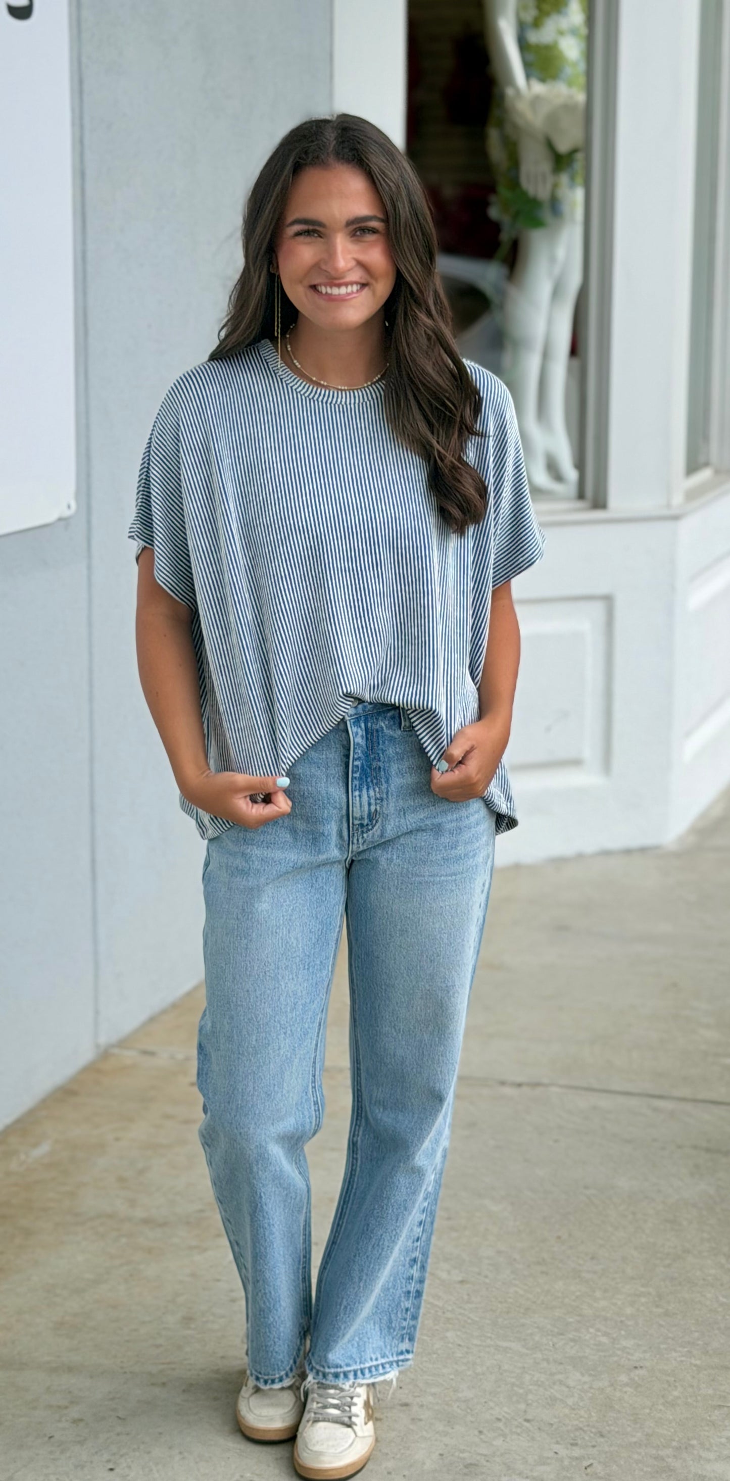 Ribbed Striped Oversized Top, Teal
