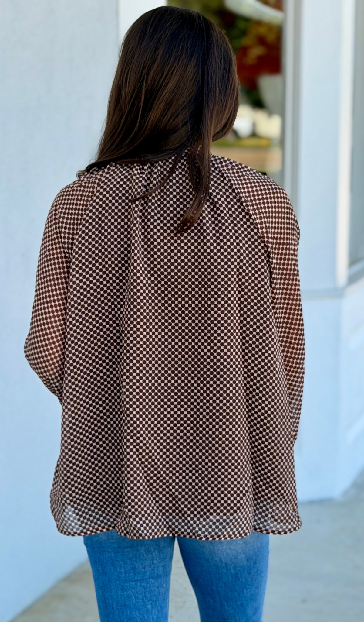 Brown Dot Print Tie Neck Long Sleeve Blouse