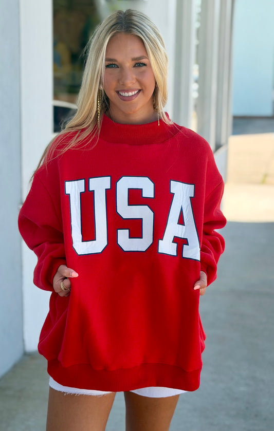 USA and Flag Reversible Mock Neck Sweatshirt Red