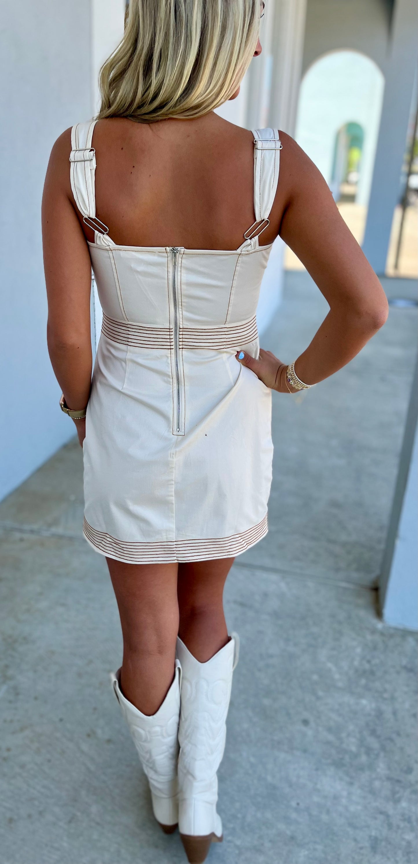 Square Neckline Mini Dress With Stitch Detail