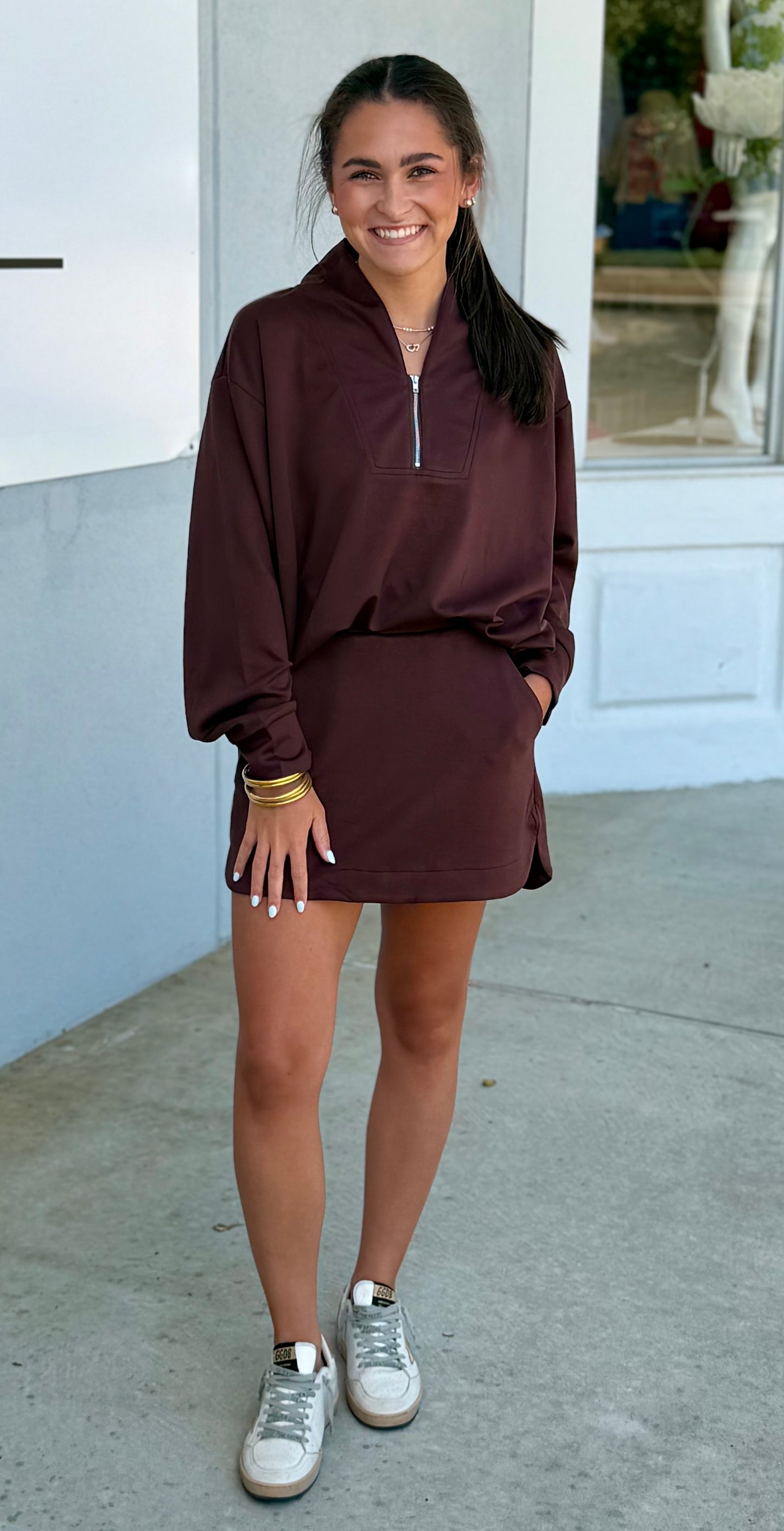 Long Sleeve Half Zip Top and Skort SET, Brown
