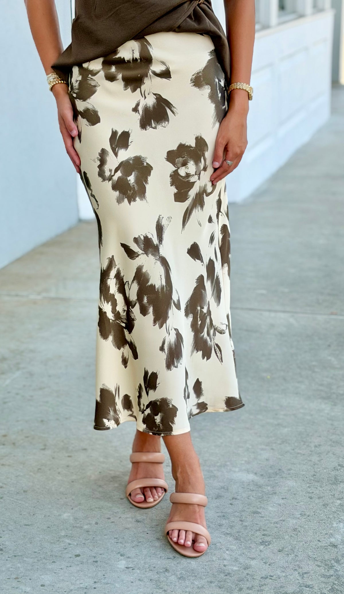 Cream Satin Midi Skirt