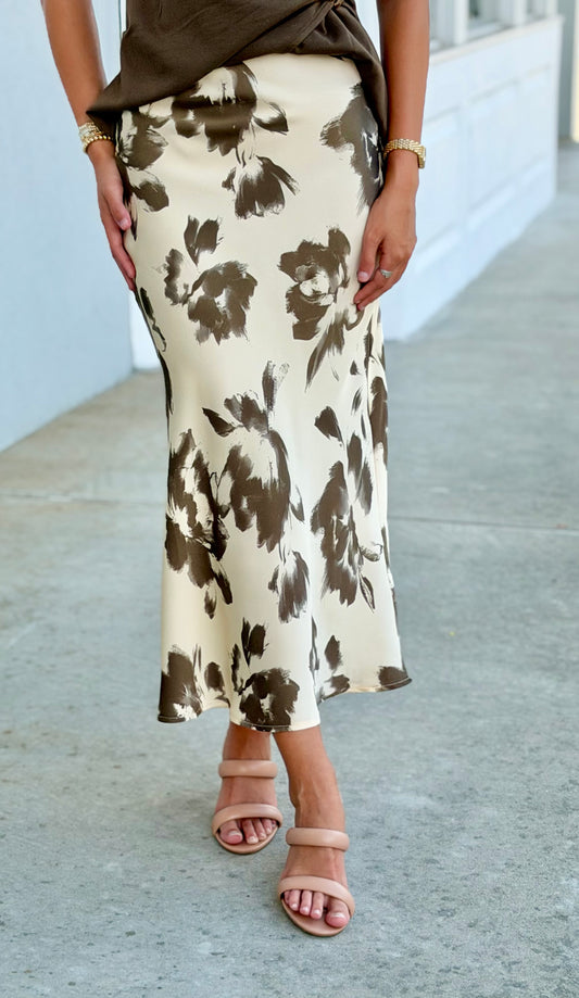 Cream Satin Midi Skirt