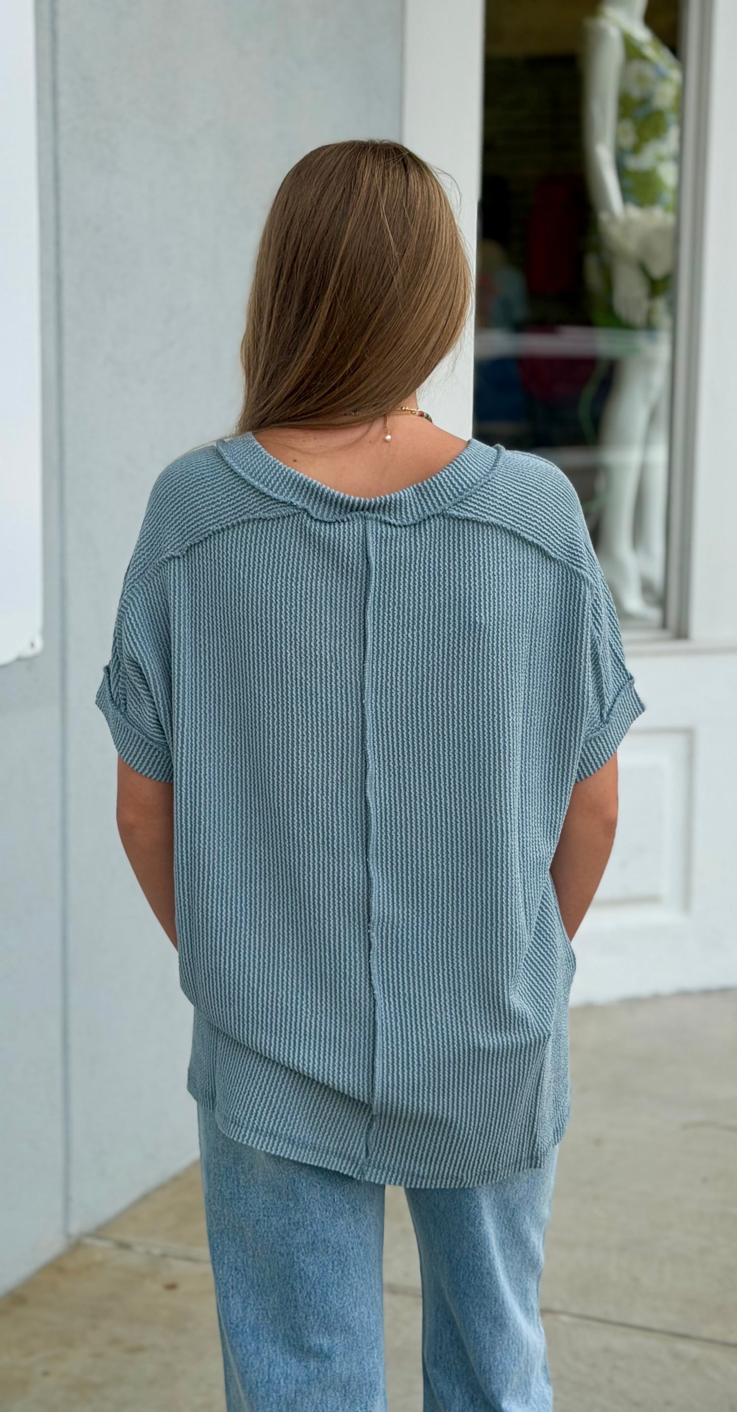 Raised Rib Hi Low V Neck Tee, Blue Grey