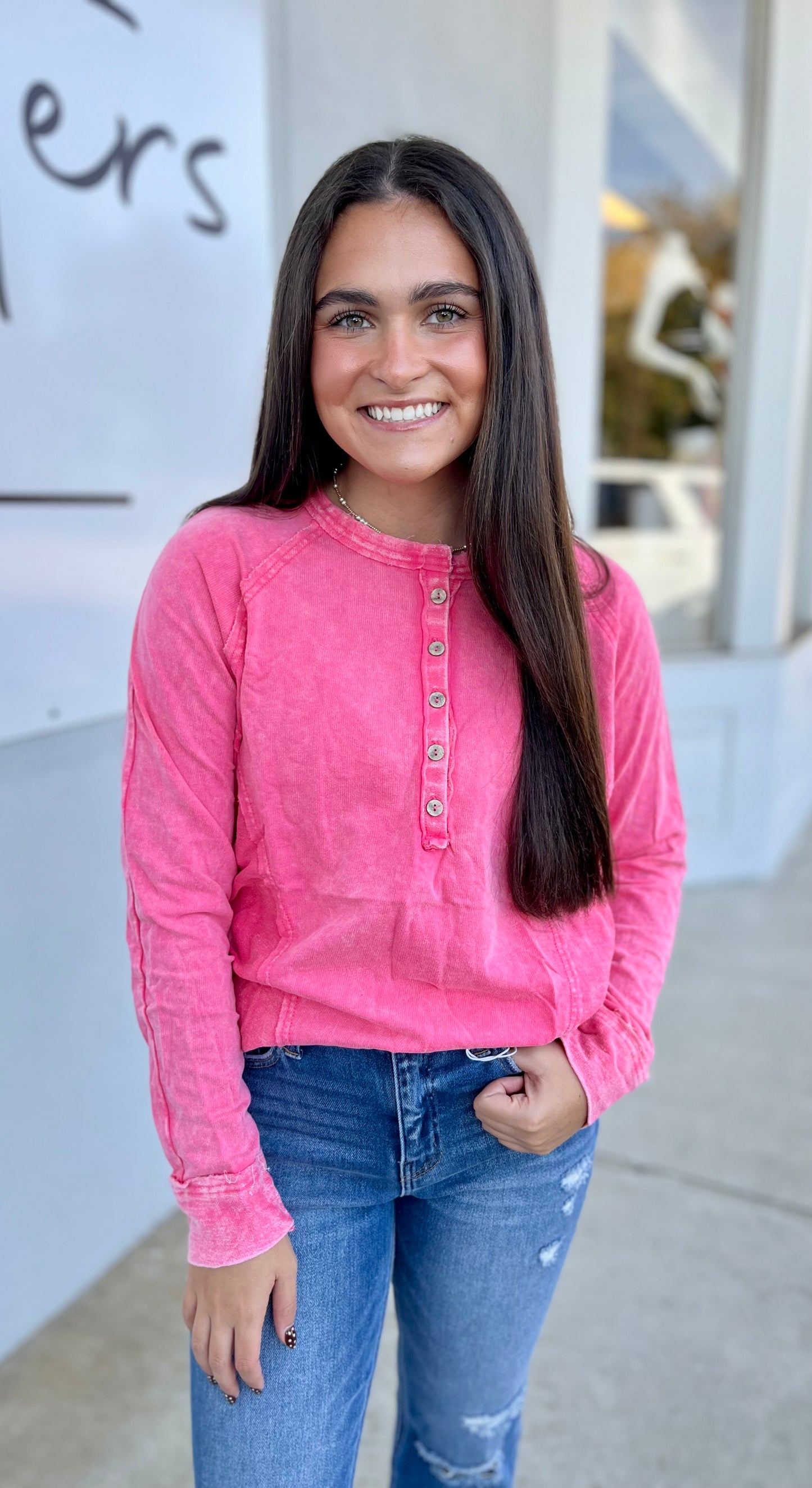 Washed Button Henley Top, Fuchsia