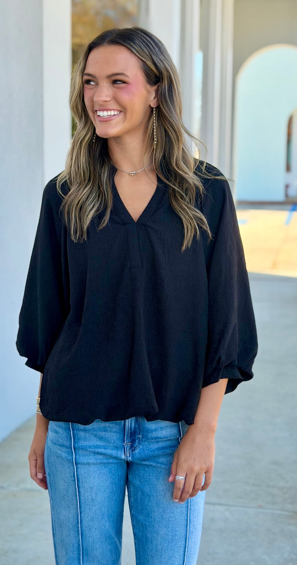 Black Balloon Sleeve Blouse