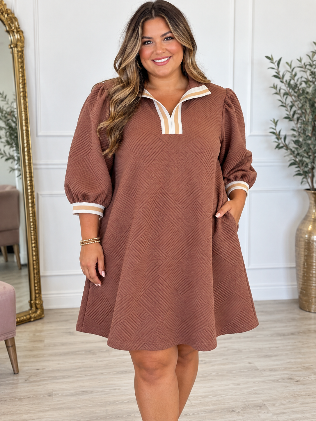 Brown High Neck Plus Jacquard Dress