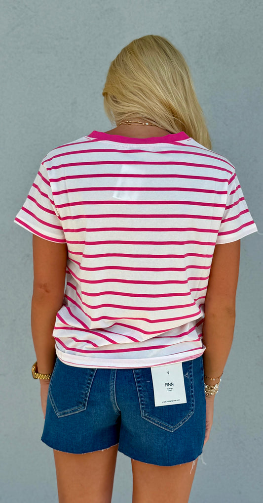 Striped V Neck Tee , Hot Pink
