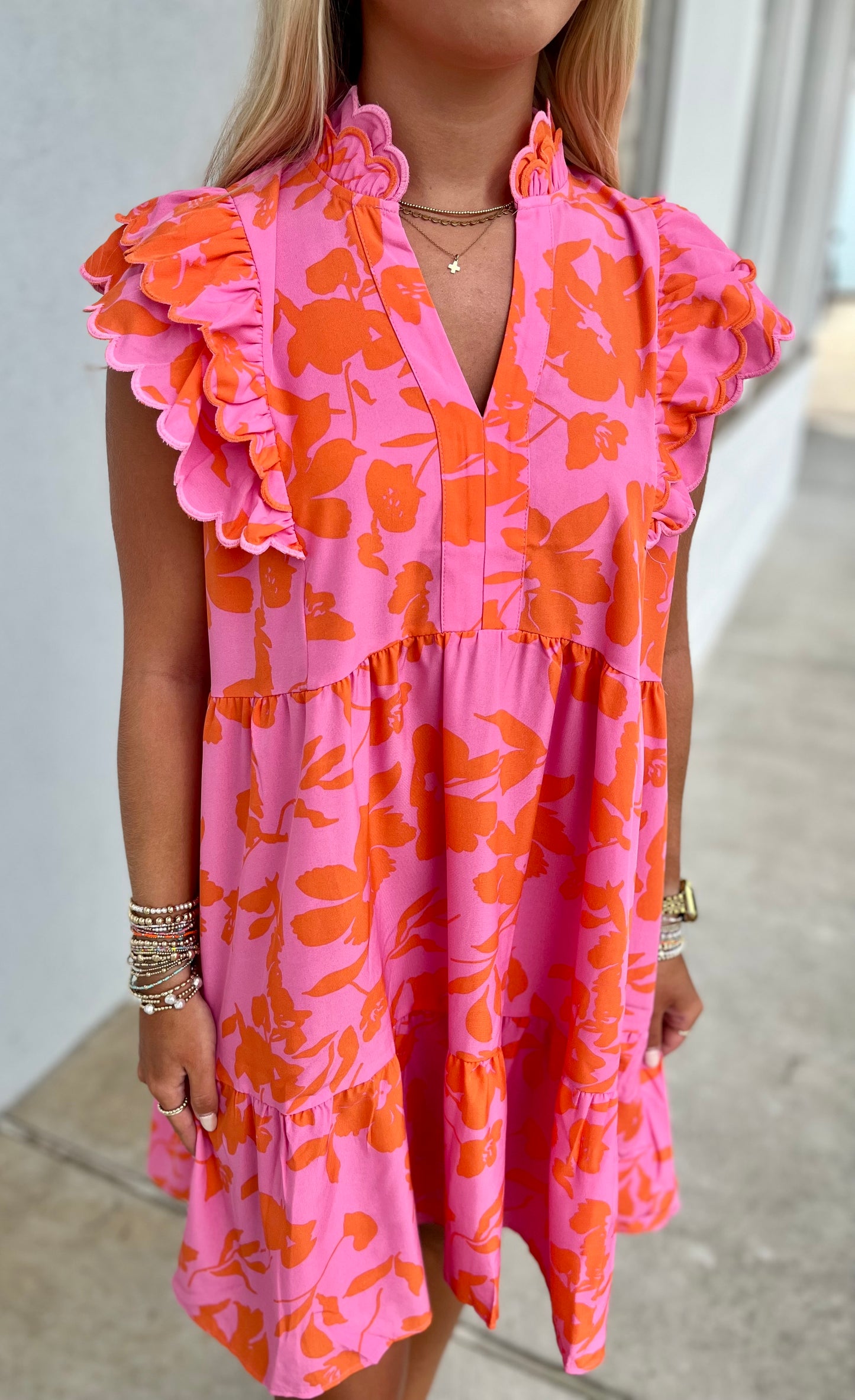 Pink/Orange Ruffle Sleeve Floral Dress