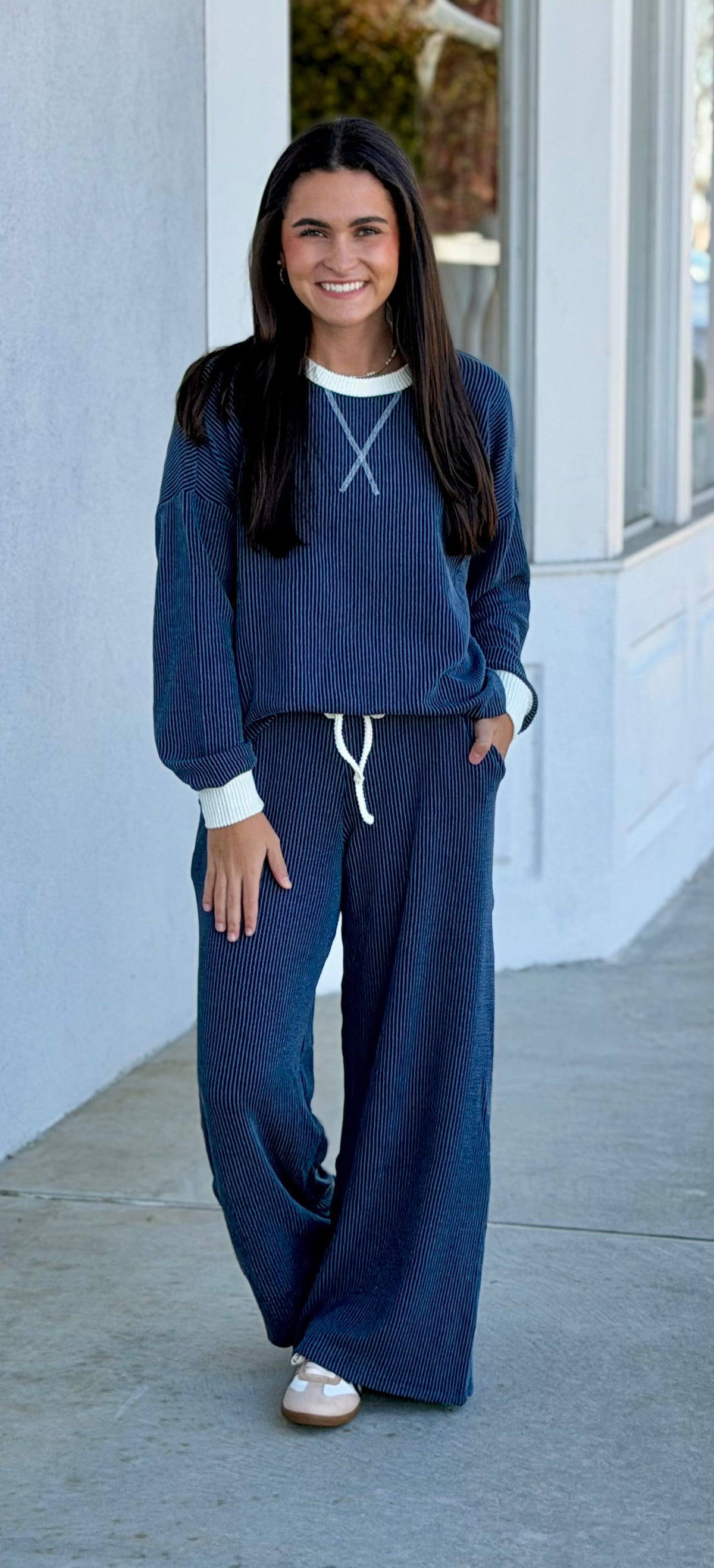 Raised Rib Round Neck Pullover & Pants SET, Navy