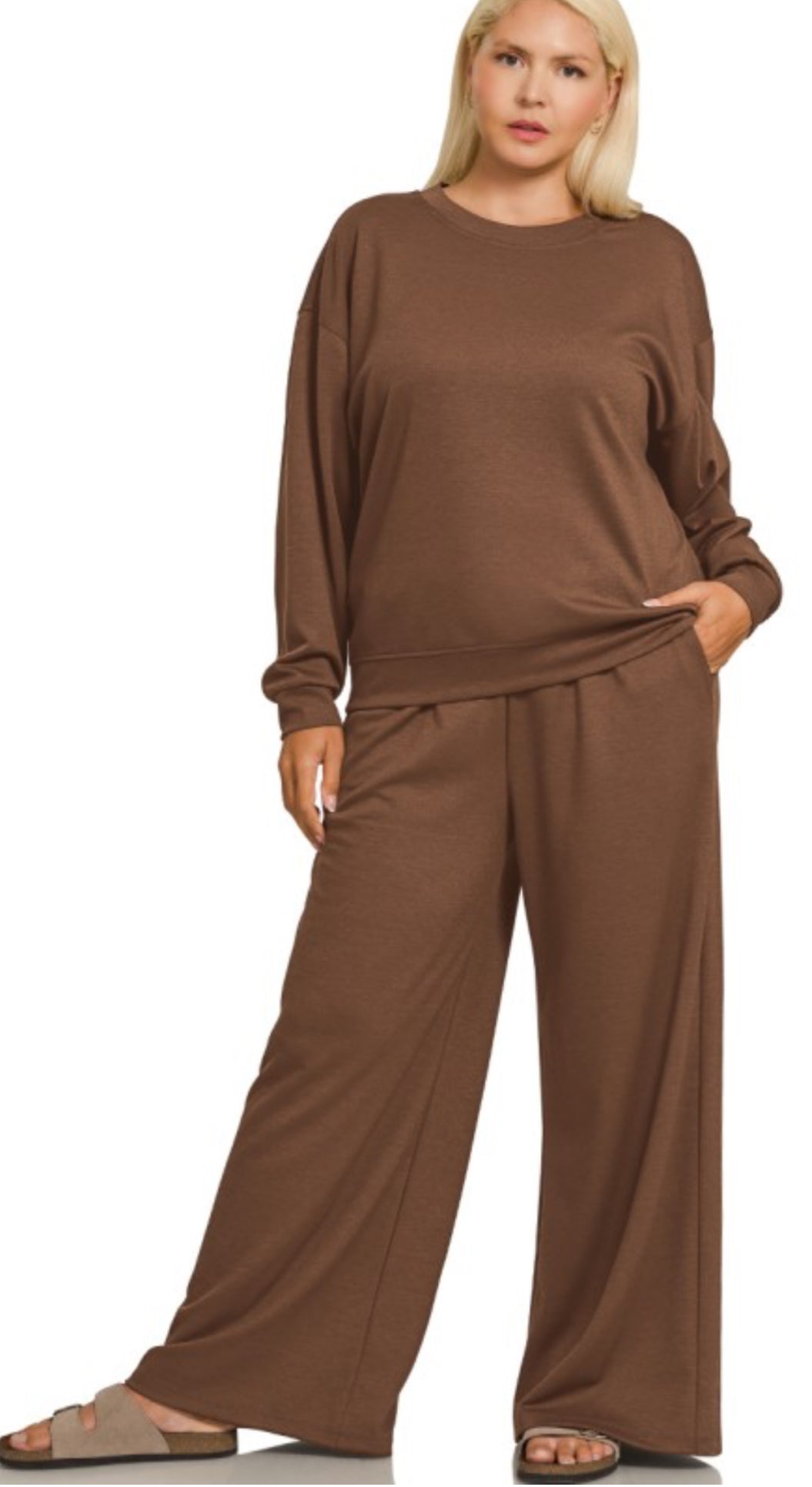 Plus Scuba Crewneck Pullover & Pants SET, Brown
