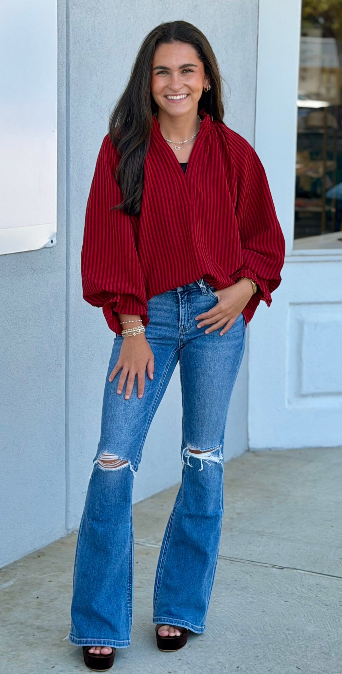 Crimson Stripe Split Neck Blouse